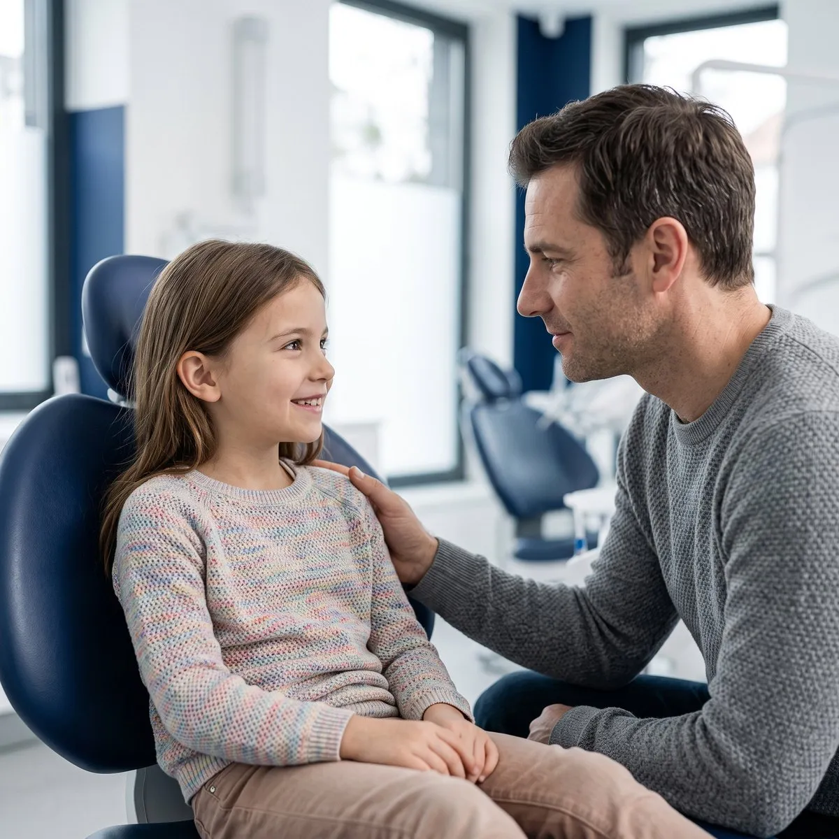 Niña en el sillón dental junto a su papá