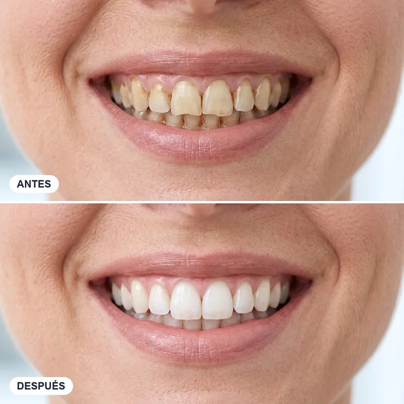 Antes y después ilustrativo de carillas: dientes manchados y desgastados, luego parejos